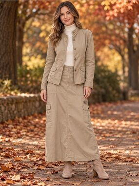 Eddie Bauer 2 Piece Cargo Maxi Skirt Jacket Set Khaki Utility Y2K Sz 12 army